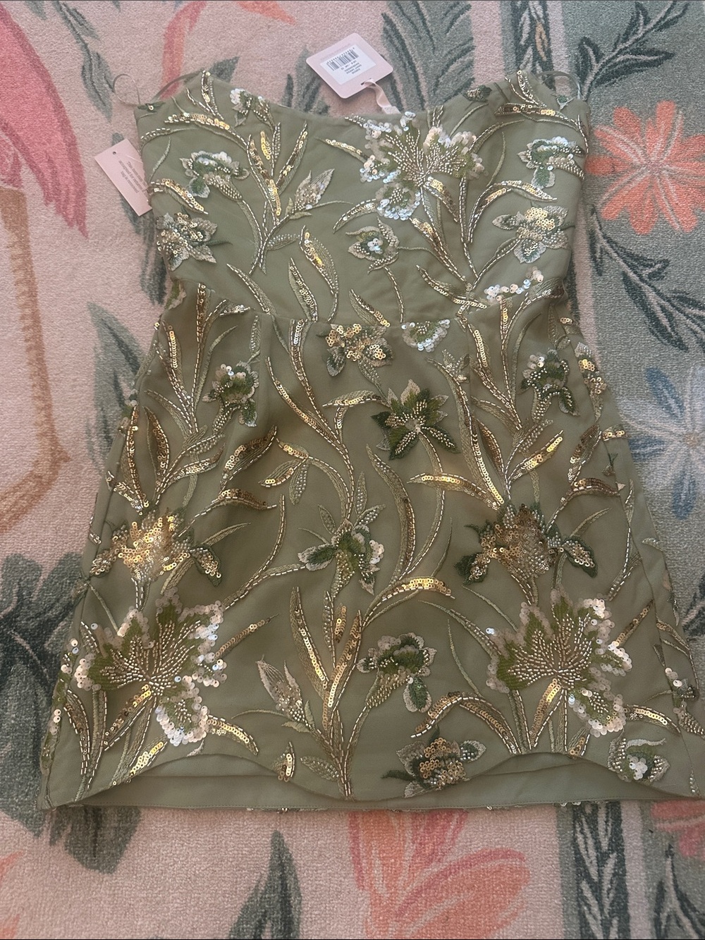 Olive Green Embellished Floral Strapless Mini Dress